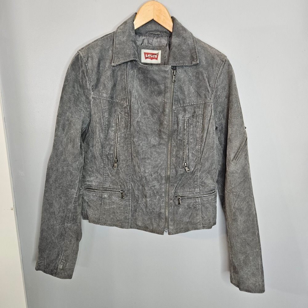 Levis Womens Gray Genuine Suede Leather Moto Biker Jacket Asymmetric Zip Medium?